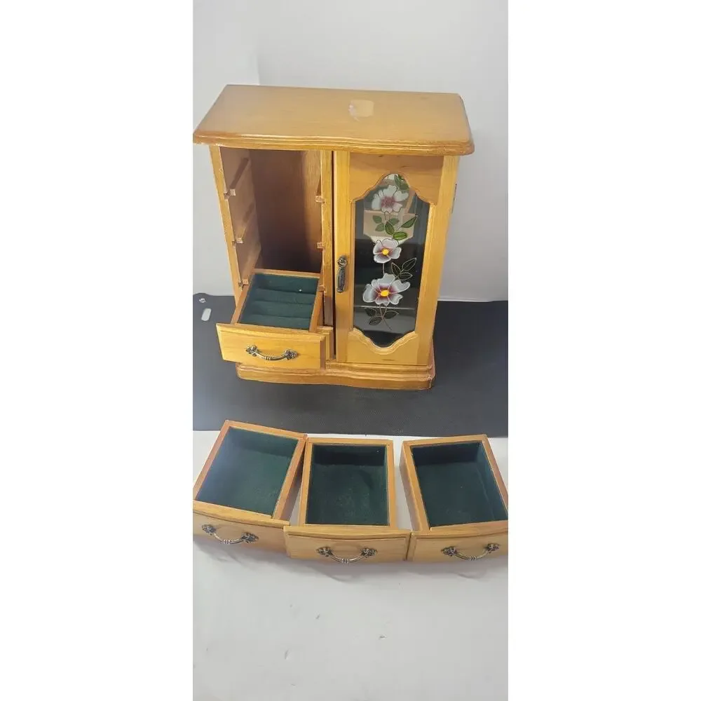 Wood Jewelry Box Cabinet 5 Drawers Floral Glass Door Velvet Lined Brown